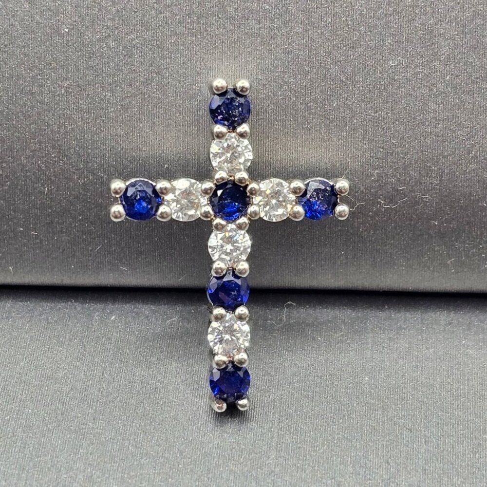 Sterling Silver Blue Crystal Cross Pendant Religious Signed Sun BR - Picture 12 of 12